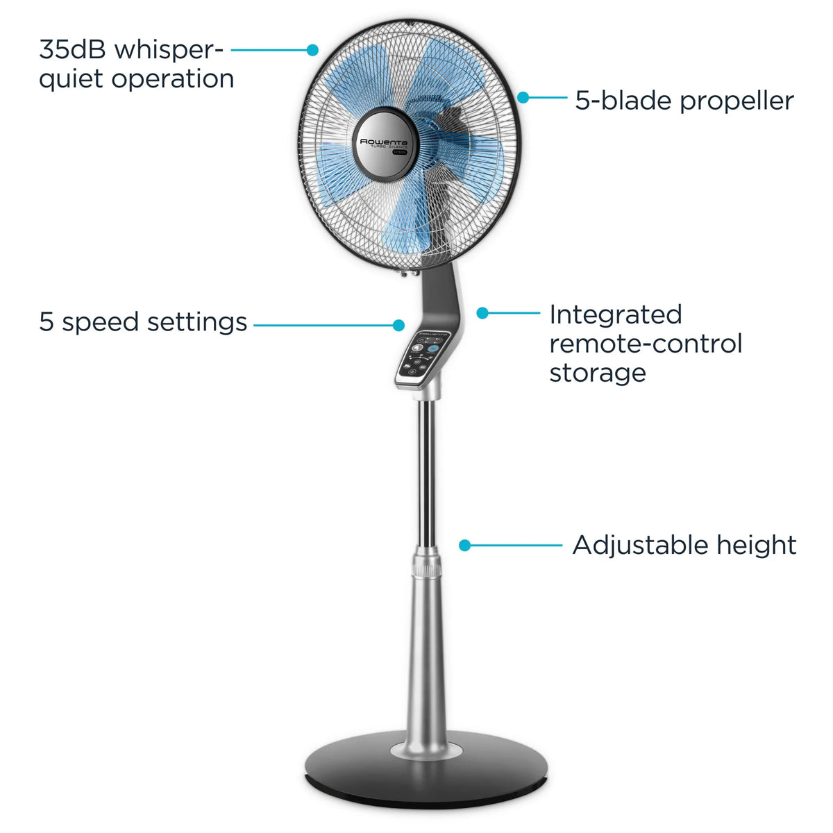 Rowenta Turbo Silence Standing Floor Fan with Remote, 53 Inch, Portable, 5 Speeds, VU5670
